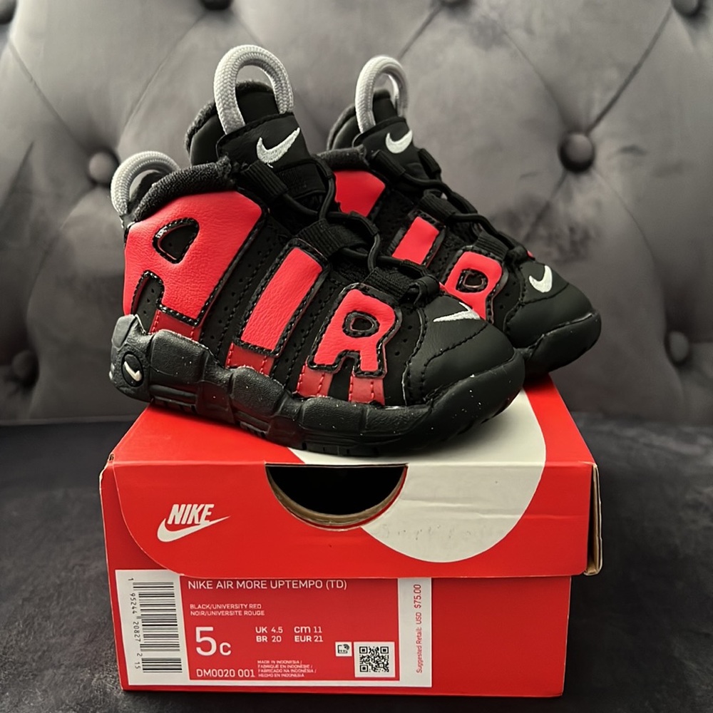 NIB! Nike Air More Uptempo Toddler size 5C. Black and university red.